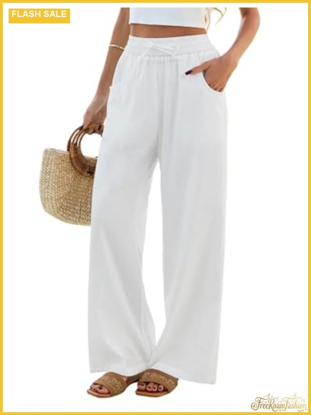 Women Summer Flowy Wide Leg Palazzo Pants Drawstring Loose Beach Casual